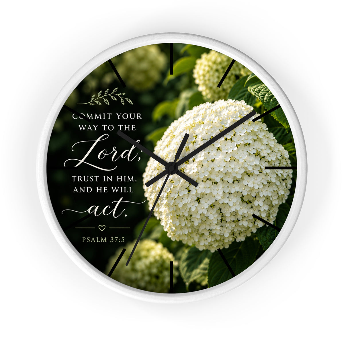 Christian Floral Wall Clock — Psalm 37:5 Inspirational Scripture Timepiece